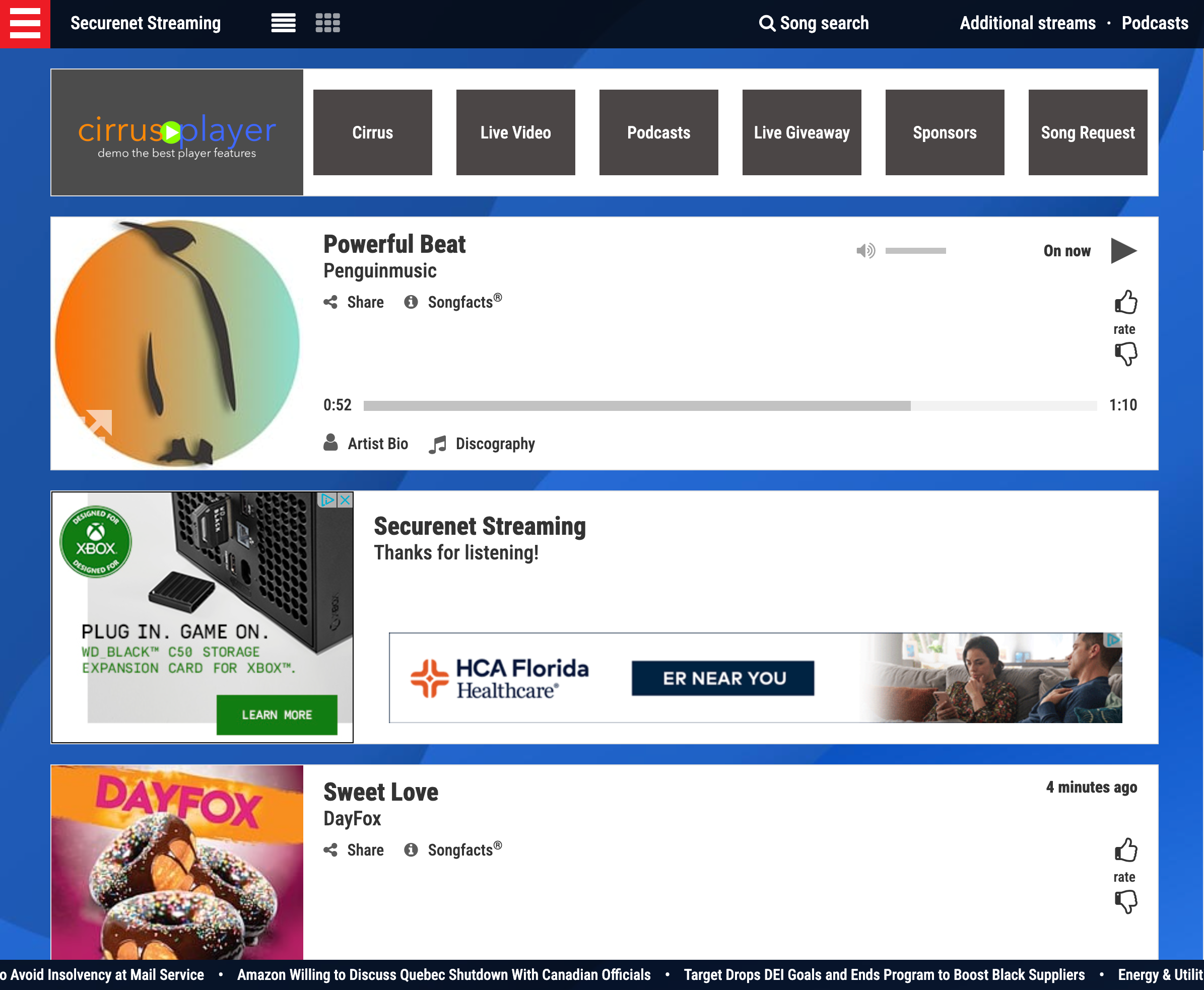 Cirrus Streaming customizable web player showing branded radio station interface with playback controls and social features